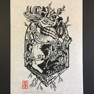 Linosnede - Jackalope - vreemd bestiarium, rijstpapier