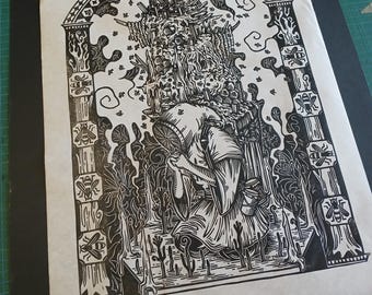May include: Black and white woodcut print of a hooded figure standing in front of a large, intricate structure. The structure is made up of many small, detailed elements, including bees, flowers, and leaves. The print is titled "La Semine Rustie - ep. 2024".