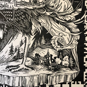 May include: Black and white woodcut print of a large bird with a long neck and a small village in the background. The bird's wing is spread out and the village is nestled in a valley.