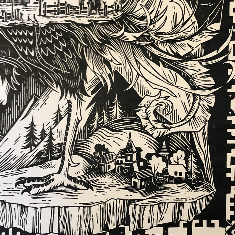 May include: Black and white woodcut print of a large bird with a long neck and a small village in the background. The bird's wing is spread out and the village is nestled in a valley.
