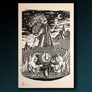 Linocut - Dagon - white paper, large format 42 x 64 cm, Cthulhu myth