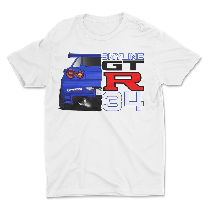 May include: White t-shirt with a blue and red graphic of a Nissan Skyline GT-R R34. The car is partially visible with the text "SKYLINE GT R 34" printed on the shirt.