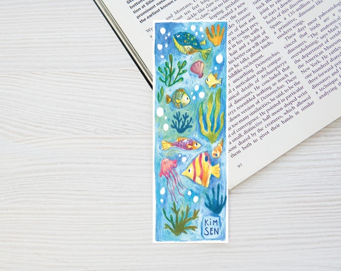 Double-sided bookmark with fish, algae and corals