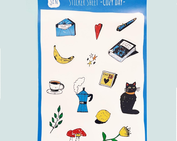 Stickerbogen Cozy Days mit vierzehn kleinen illustrierten Stickern
