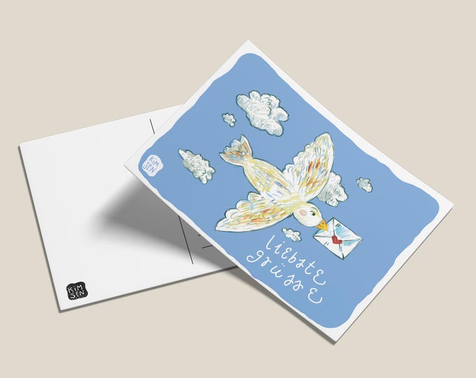 Love Greetings postcard with a dove delivering love mail