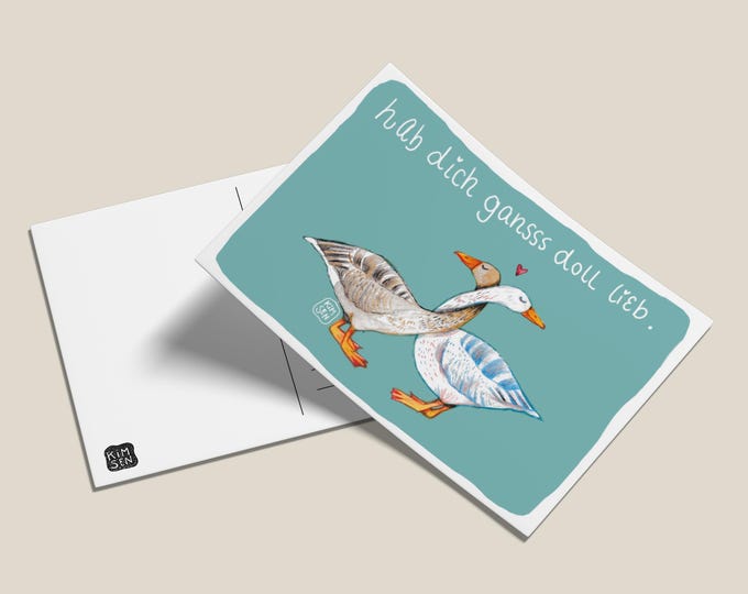 Postkarte mit handgemalter Illustration eines Gänsepärchens