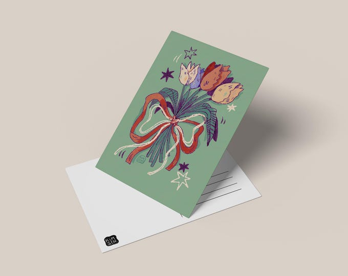 Postcard with a colourful tulip bouquet among little stars and a bow