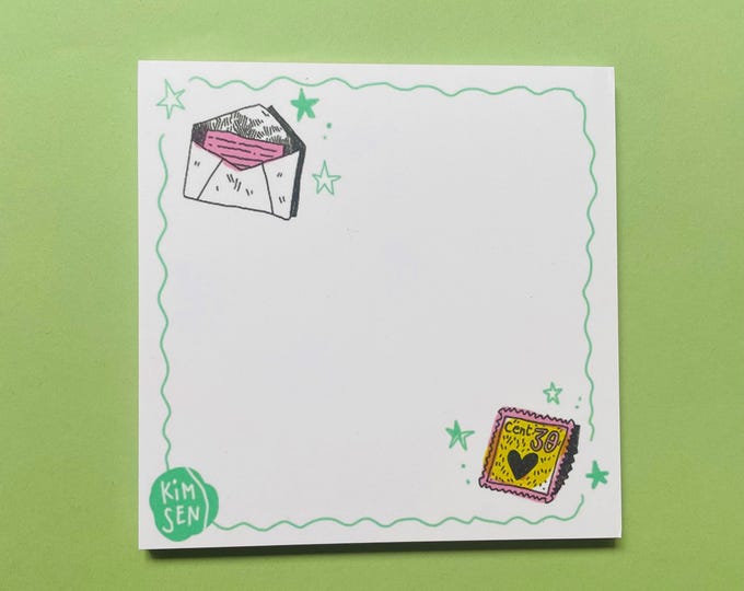 Square Letterlove notepad with a book and postage stamp illustration