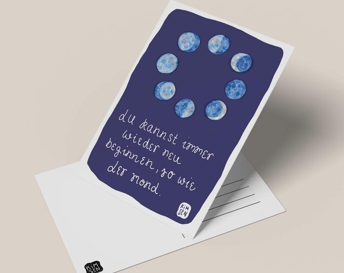 Postcard with all the moon phases and a small mantra