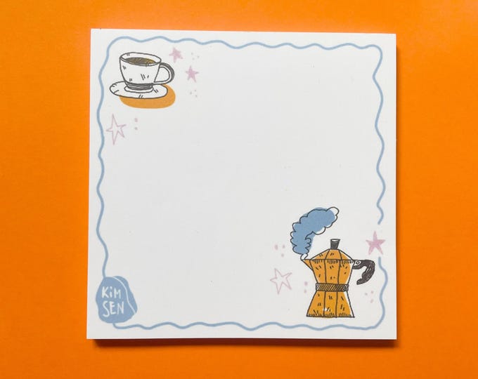 Square notepad with a moka pot and coffee cup illustration