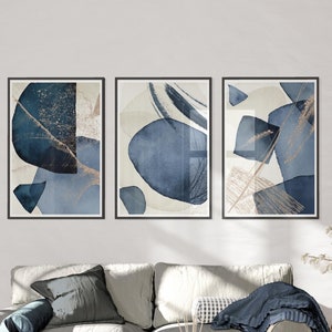 Arte della parete astratta blu, set di 3 stampe blu, arte del tratto di pennello, blu marino e oro, download digitale