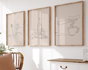 Kitchen Wall Art, Set of 3 posters in beige background, Cutlery, wine and cheese, Coffee, line art, Digital Download