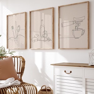 Beige Kitchen Line Art Prints: Coffee, Wine, Cutlery (Digital Download)