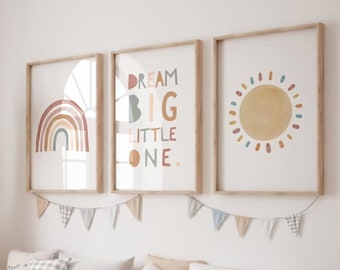 Nursery Prints Set of 3: Boho Rainbow, Sun, Dream Big (Digital Download)