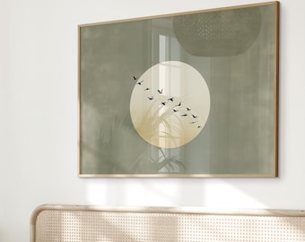 May include: A bedroom scene featuring a bed with green and white bedding, a brown throw blanket, and decorative pillows. A framed artwork with a sun and birds hangs above the bed. A woven lamp and a hanging woven light fixture are also visible.