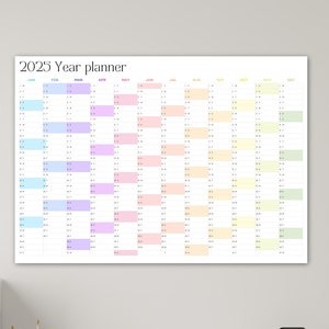 Calendario planificador anual 2025, póster imprimible, tamaños A2, A1, A0, diseño minimalista con degradado de fin de semana, descarga digital