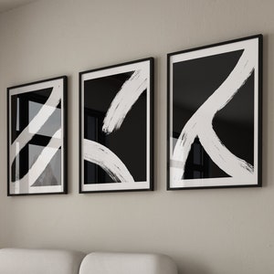 Abstract Brush Stroke Art Prints: Black and White Set of 3 (Digital Download)
