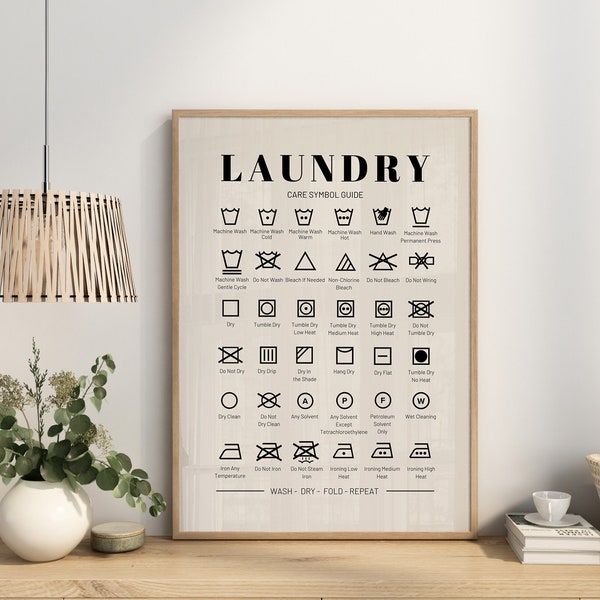 Laundry Care Symbol Guide Printable, Neutral Laundry Room Decor, Laundry Symbols, Digital download