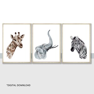 Láminas de animales de safari para guardería: jirafa, elefante y cebra (descarga digital)