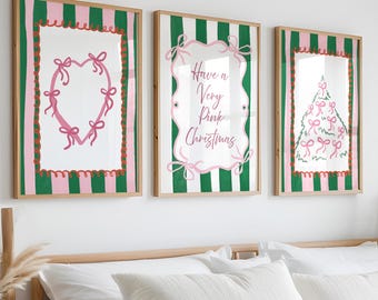 Pink Bow Christmas Print Set, Coquette Holiday Decor (Digital Download)