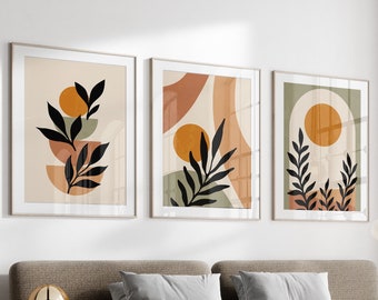 Boho Abstract Wall Art Prints, Set of 3 Prints, Beige, Green, Terracotta, Boho Wall Art, Digital Download