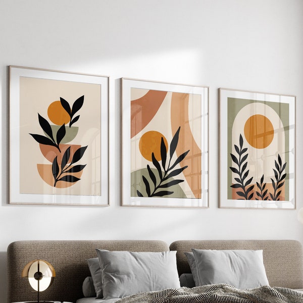 Boho Abstract Wall Art Prints, Set of 3 Prints, Beige, Green, Terracotta, Boho Wall Art, Digital Download