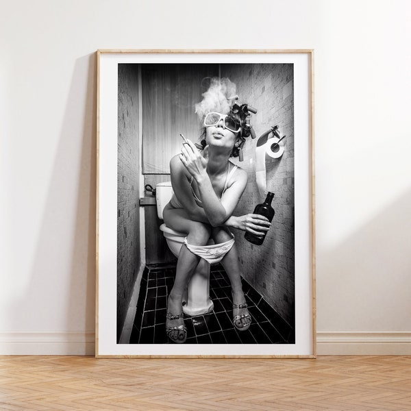 Girl on the toilet smoking, Toilet prints, Photograph, printable wall art, Digital download