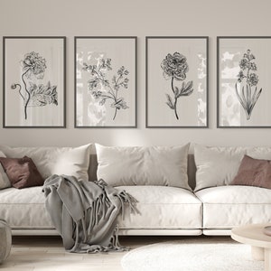 Vintage botanical prints set of 4, neutral wall, gallery wall set, printable wall art, Digital Download