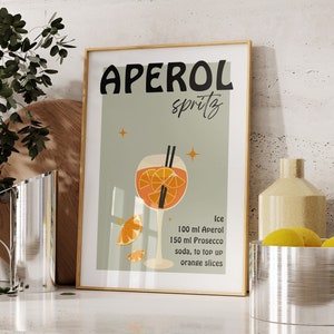 Impresión de cóctel, impresión de aperol spritz, póster retro, Arte de cóctel de inspiración vintage con receta, arte de pared imprimible, Descarga digital