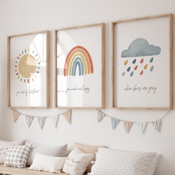 Set of 3 nursery prints, Neutral decor, You are my sunshine, cloud, Digital Download
