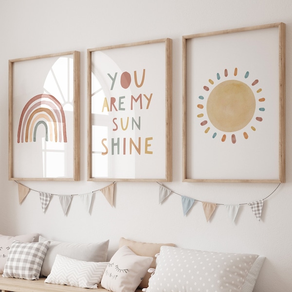 Set of 3 nursery prints,  You are my sunshine, Neutral decor, boho style, Digital Download