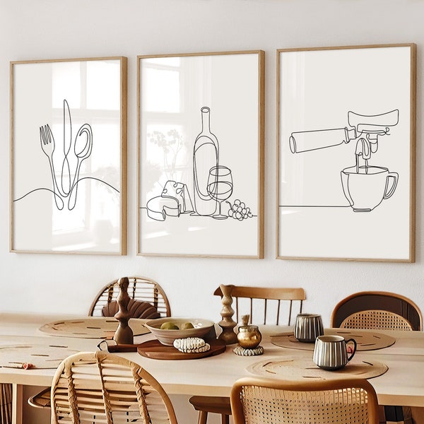 Art mural de cuisine, ensemble de 3 affiches, couverts, vin et fromage, café, dessin au trait, téléchargement numérique