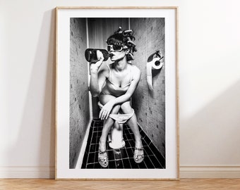 Girl on the toilet drinking, Toilet prints, Photograph, printable wall art, Digital download