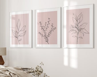 Pink Botanical Line Art Prints: Set of 3 (Digital Download)