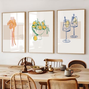 Arte mural de cocina, juego de 3 pósteres, amantes de la pasta, cócteles, arte imprimible de cocina, descarga digital