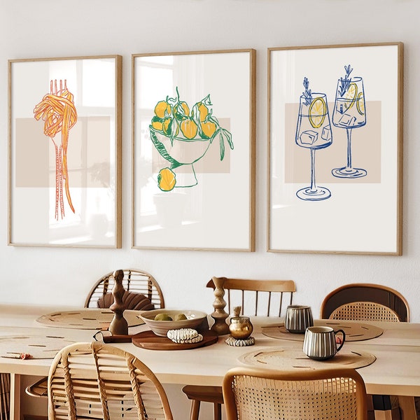 Arte de pared de cocina, Conjunto de 3 carteles, Amante de la pasta, Bebidas de cóctel, Arte imprimible de cocina, Descarga digital