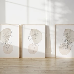 Neutral Wall Prints Set of 3 Prints,, Botanical Wall Prints, Botanical Line Art, Beige Home Decor, Digital Download