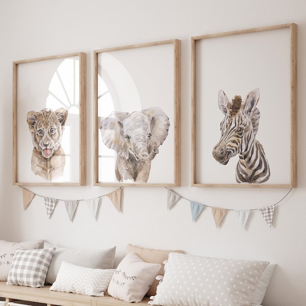 Safari nursery prints , baby animals, elephant, zebra and lion, Digital Download