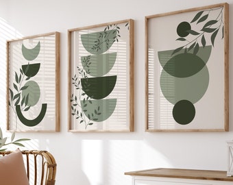 Sage Green Abstract Art Prints Set of 3 | Mid-Century Boho Wall Decor (Digital Download)