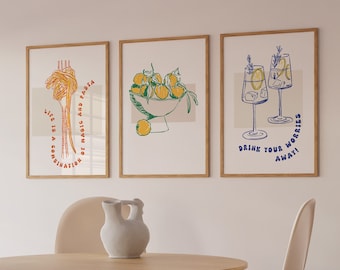 Kitchen Wall Art, Set of 3 posters, Pasta lover, Cocktail drinks, Kitchen printable art, Digital Download