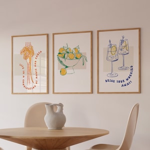 Küchen Wandkunst, 3er-Set Poster, Pasta Liebhaber, Cocktails, Küche druckbare Kunst, digitaler Download