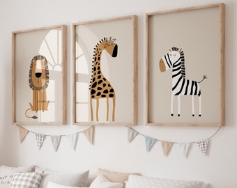 Safari Animal Nursery Prints: Lion, Giraffe, Zebra (Digital Download)