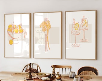 Keuken Wall Art Set van 3 posters, Pasta liefhebber, Cocktail drankjes, Keuken afdrukbare kunst, Oranje en Geel, Digitale Download