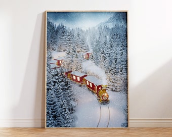Kersttrein print, rode trein kunst aan de muur, vakantie muur decor afdrukbaar, digitale download