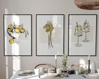 Kitchen Wall Art, Set of 3 posters, Pasta lover, Cocktail drinks, Kitchen printable art, Black and Yellow, Digital Download