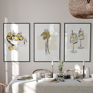 Arte della parete della cucina, set di 3 poster, amante della pasta, cocktail, arte stampabile della cucina, nero e giallo, download digitale