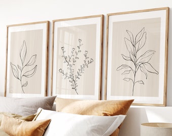 Beige Botanical Line Art Prints: Neutral Home Decor Set (Digital Download)