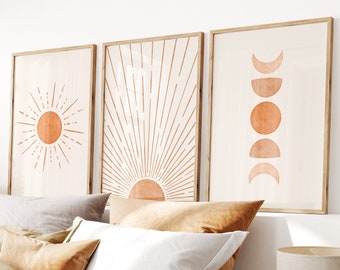 Boho Sun & Moon Phase Print Set: Orange Wall Art (Digital Download)