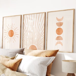 Boho Wall Art Set of 3 Prints, Sunshine Print, Moon Phase Print, Boho Sun Print, Sunset Print, Digital Download