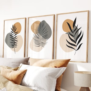 Boho Leaf Abstract Art Prints: Beige & Green Set of 3 (Digital Download)